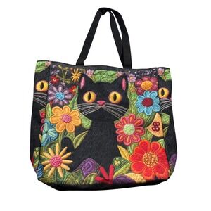 Embroidered Black Cat Floral Canvas Tote Bag Zipper Shoulder Purse Boho Art NWOT